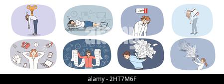 Set of exhausted office workers feel distressed overwhelmed with tasks and duties. Collection of unhappy unwell employees tired with workload. Overwork and fatigue. Vector illustration.  Stock Vector