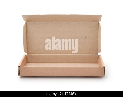 Opened cardboard box isolated on white. Stock Photo