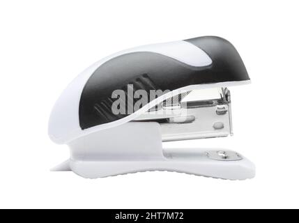 Plastic black and white stationery stapler isolated on white. Stock Photo