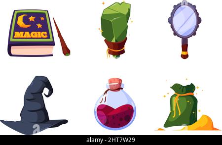 Magic items. Glow wizard bottles and artifacts fantasy jewelry for magic spells fortune globe and crystal gems garish vector colorful set Stock Vector