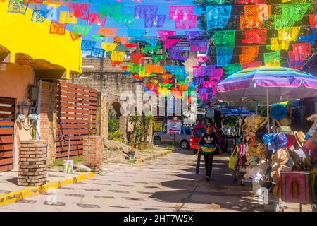 View of a colorful market street in the magic town of Sayulita, Nayarit Stock Photo