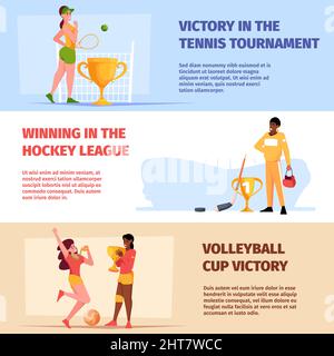 Sport banners. Olympic happy athletes winners with trophy cups boxers volleyball players runners garish vector print templates with place forsonal Stock Vector