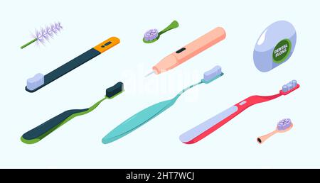 Teeth brush isometric. Tools for dental care bathroom items for hygiene teeth garish vector collection set Stock Vector
