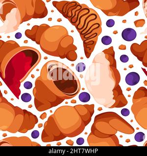 Baking food pattern. Fresh croissant pictures templates for textile design templates garish vector colored seamless background Stock Vector