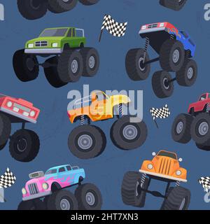 Monster truck pattern. Textile template illustrations with big wheel cars exact vector seamless background Stock Vector