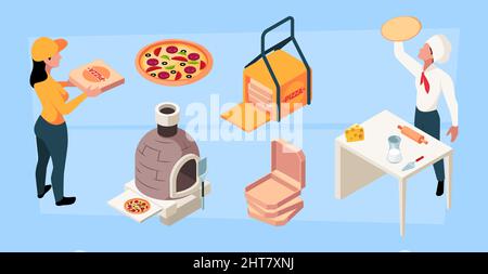 Pizza production. Delivery and cooking tasty food with vegetables and cheese restaurant products garish vector isometric illustrations Stock Vector