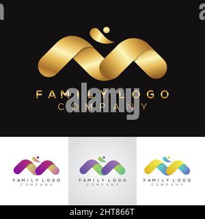 Golden metallic Family logo with letter type M design Stock Vector