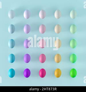 Spring flat lay pattern on soft blue background.Creative colorful pastel ombre Easter eggs centerpiece. Stock Photo