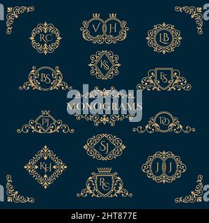 Wedding monograms. Floral monogram, boho ornaments frames. Couple elegant emblem for cards. Luxury ornamental decoration tidy vector collection Stock Vector