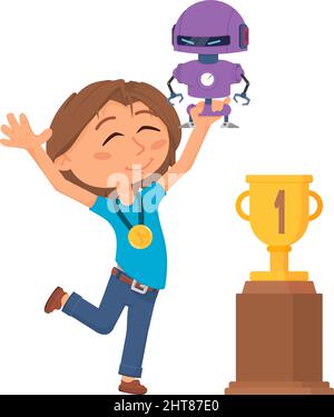 Child and robot. Winner with golden cup and medal. Happy boy win in robotics competition. Smiling joyful kid jumping, happy student decent vector Stock Vector