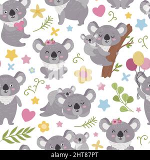 Koala seamless pattern. Cartoon australian koalas girly fabric print. Adorable baby animals characters, cute bears childish neoteric vector wallpaper Stock Vector