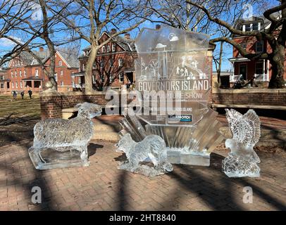 February 26, 2022 - Governors Island, New York, NY, USA. Ice Sculpture Show at Governors Island, one of the 2022 Winter Village events on the island. Stock Photo