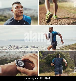 Hitting the trail. Composite image of a young man running through the mountains. Stock Photo