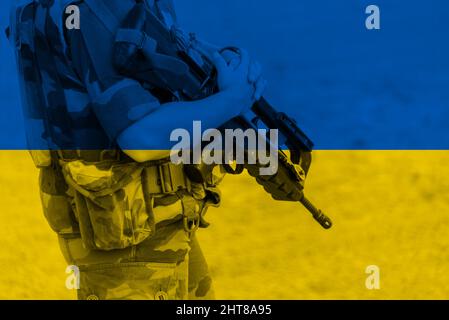 Russian flag and unidentified soldier with an automatic riffle, war between Ukraine and Russia illustration Stock Photo