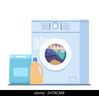Washing machine with linen in it and cleaning products, washing powder and conditioner. Clothing wash vector concept illustration Stock Vector