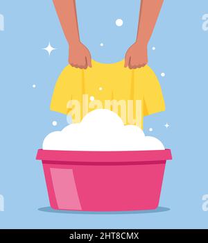 Washing clothes in basin of soapy water. Hands holding t-shirt. Clean and wash. Stain removal. Flat vector illustration Stock Vector