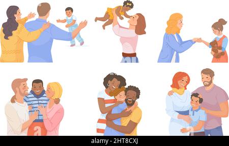 Family kids adoption. Multicultural parents adopt child, adopted kid, love foster orphan children, charity relationship, mother care custod society support vector illustration family child or kid Stock Vector