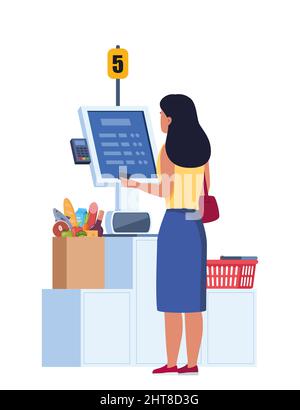 Woman Character in Supermarket Stand at Checkout Self Service with Pos Terminal for Cashless Paying for Grocery Purchases. Contactless Payment, Contem Stock Vector