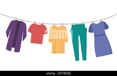 Clothes on clothesline. Clothes and accessories after washing on a rope. T-shirt, dress, trousers, blouse. Flat vector illustration for housekeeping, Stock Vector