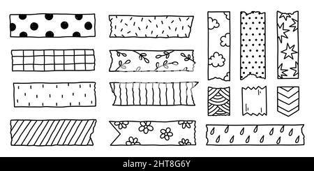 Set of washi tape strips with various cute designs isolated on white background. Scotch paper sticker. Vector hand-drawn illustration in doodle style. Perfect for cards, decorations. Stock Vector