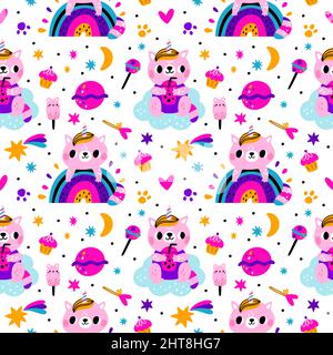 Funny unicorn cats pattern. Cute pink kitties with milkshakes. Baby Boho rainbow and sweets. Seamless print with horned kittens on clouds. Cakes and Stock Vector