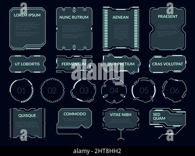 HUD elements with text. Digital futuristic user interface. Virtual messages frames. Online communication panels and circles. Computer UI info windows Stock Vector