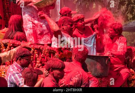 Float and color throwing celebrating Holi Festival, Vrindavan, Mathura