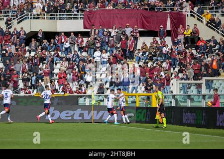 Raoul Bellanova of Cagliari Calcio exults after scoring with Edoardo Goldaniga of Cagliari Calcio, Gastón Pereiro of Cagliari Calcio, Alessandro Deiola of Cagliari Calcio,  during the Serie A match between Torino FC and Cagliari Calcio on February, 26th, 2022 at Stadio Grande Torino in Torino, Italy. Picture by Antonio Polia/Alphapress Stock Photo