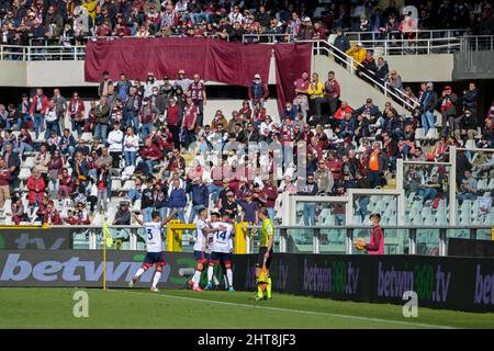 Raoul Bellanova of Cagliari Calcio exults after scoring with Edoardo Goldaniga of Cagliari Calcio, Gastón Pereiro of Cagliari Calcio, Alessandro Deiola of Cagliari Calcio,  during the Serie A match between Torino FC and Cagliari Calcio on February, 26th, 2022 at Stadio Grande Torino in Torino, Italy. Picture by Antonio Polia/Alphapress Stock Photo