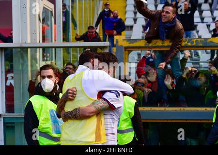 Alessandro Deiola of Cagliari Calcio celebrate scoring with supporters during the Serie A match between Torino FC and Cagliari Calcio on February, 26th, 2022 at Stadio Grande Torino in Torino, Italy. Picture by Antonio Polia/Alphapress Stock Photo