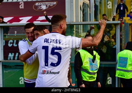 Alessandro Deiola of Cagliari Calcio celebrate scoring with Giorgio Altare of Cagliari Calcio, during the Serie A match between Torino FC and Cagliari Calcio on February, 26th, 2022 at Stadio Grande Torino in Torino, Italy. Picture by Antonio Polia/Alphapress Stock Photo