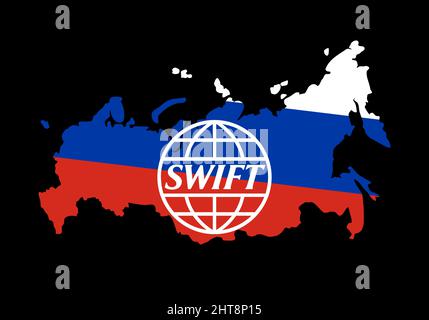 Ukraine, Rivne - February, 27 2022: Logo SWIFT financial system logo in Russia country map painted in Russian flag at background. Sanctions against Stock Vector