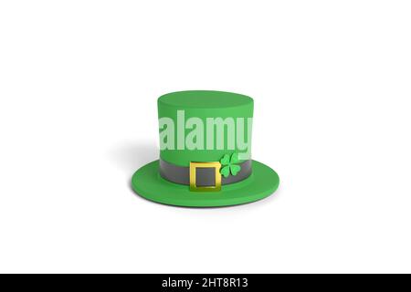 Leprechaun hat with clover isolated on white background. St. Patrick's day concept. 3d illustration. Stock Photo