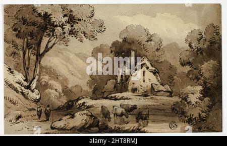 Wooded Landscape with Cottage Beside Pond with Standing Cows, n.d. Stock Photo