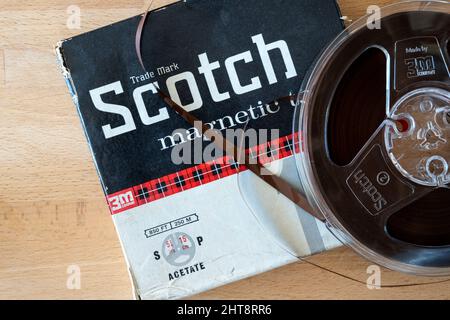 A boxed reel of Scotch Magnetic Tape for use in a reel to reel tape recorder. Stock Photo