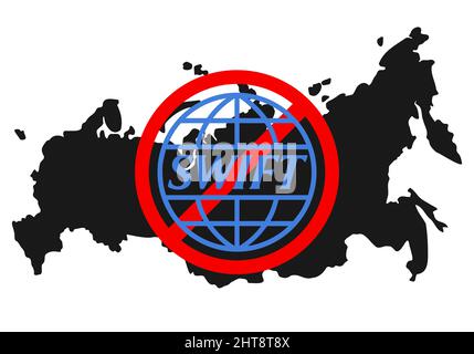 Ukraine, Rivne - February, 27 2022: Logo SWIFT financial system logo under red prohibition sign with Russian map at background. Sanctions against Russ Stock Vector