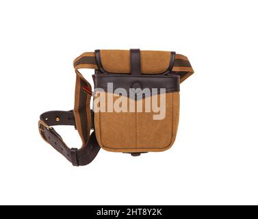Small brown shoulder bag for hunting ammo. Isolate on a white background. Stock Photo