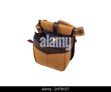 Small brown shoulder bag for hunting ammo. Isolate on a white background. Stock Photo