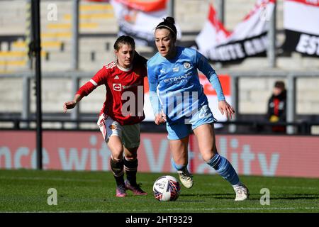 LEIGH, UK. FEB 27TH Lucy Bronze of Manchester City Women's Football Club tussles with Hannah Blundell of Manchester United Women Football Club during the Women's FA Cup 5th Round match between Manchester United and Manchester City at Leigh Sports Stadium, Leigh on Sunday 27th February 2022. (Credit: Eddie Garvey | MI News) Credit: MI News & Sport /Alamy Live News Stock Photo