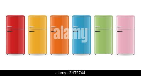Vector 3d Realistic Red, Yellow, Orange, Blue, Green, Pink Fridge Icon Set Isolated. Vertical Refrigerators. Closed Fridges. Design Template, Mockup Stock Vector