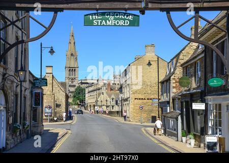 View from The George of Stamford Hotel to St Mary's Hill, High Street, Stamford, Lincolnshire, England, United Kingdom Stock Photo