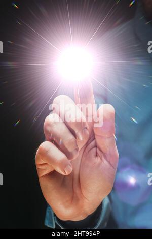 Business innovation, futuristic concept with businessman tapping virtual screen, selective focus Stock Photo