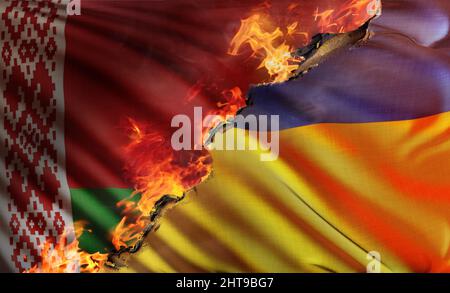 3D composite illustration depicting the national flag of the Republic of Ukraine burned by the flames of Russian and Belarusian invasions with the nat Stock Photo