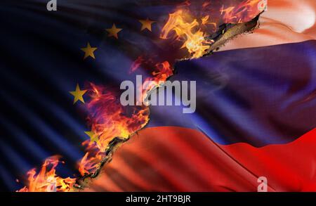3D composite illustration depicting the national flag of Russia consumed by the flames of european economic sanctions during russian invasion in ukrai Stock Photo