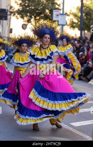 Traditional carnival in a Spanish town Palamos in Catalonia. Many people in  costume and interesting make-up. 03. 03. 2019 Spain Stock Photo - Alamy