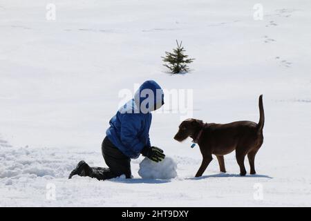 Playing outside in Minnesota winter Stock Photo