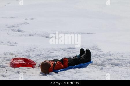 Playing outside in Minnesota winter Stock Photo