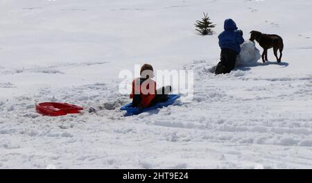 Playing outside in Minnesota winter Stock Photo