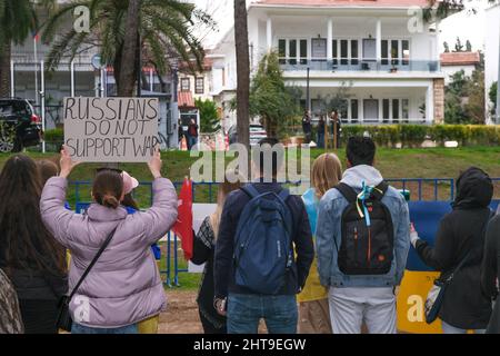 Antalya, Turkey - February 27 2022: Ukrainians rally in Antalya to protest the Russian invasion of their homeland, Protests against invasion by Russia. Stock Photo