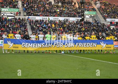 Augsburg, Deutschland. 27th Feb, 2022. Banner, banner TOGETHER FOR PEACE as a sign of solidarity with Ukraine. Football 1st Bundesliga season 2021/2022, 24.matchday, matchday24. FC Augsburg - Borussia Dortmund 1-1 on February 27th, 2021 WWK ARENA in Augsburg, Credit: dpa/Alamy Live News Stock Photo